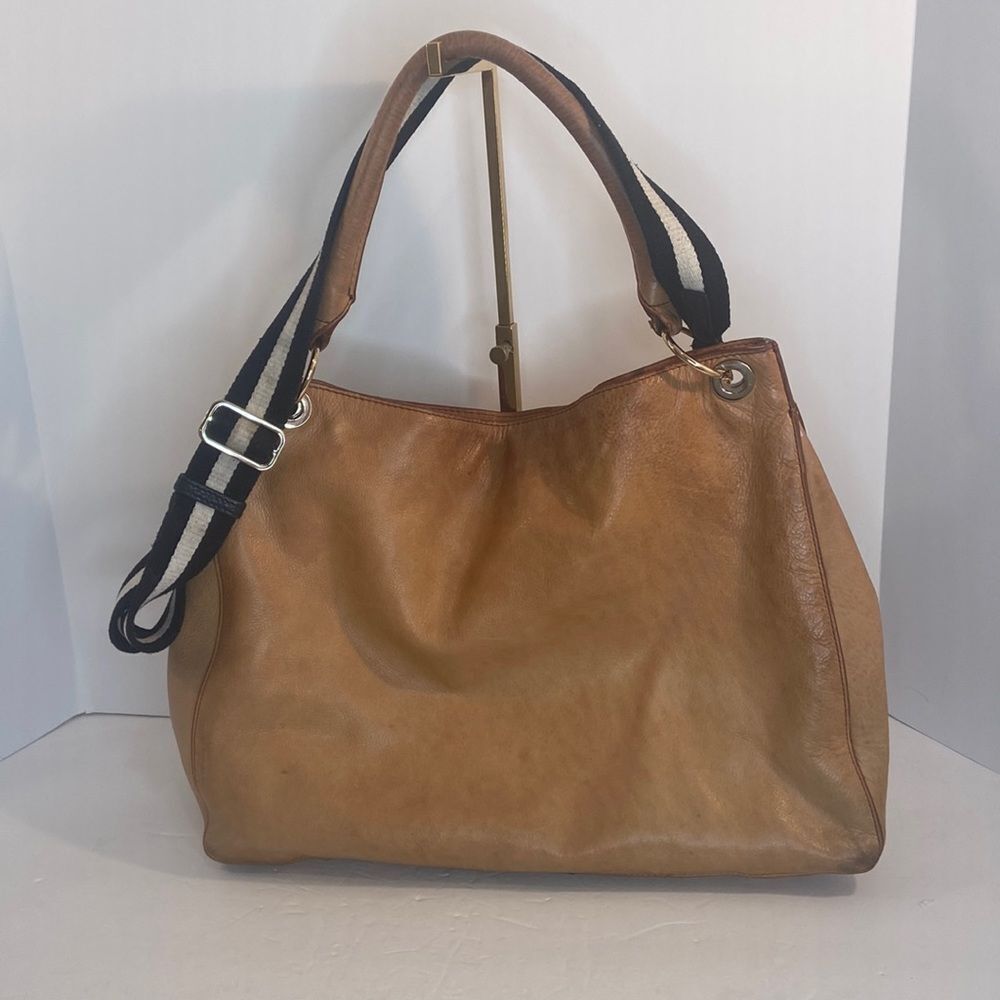 Mark & Graham Camel Leather Satchel Shoulder Tote Bag w/Nylon Adjustable Strap